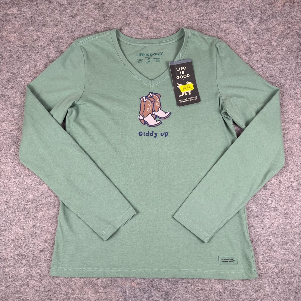 Life Is Good Crusher V-Neck Tee Long Sleeve Giddy Up Green Womens Small S
